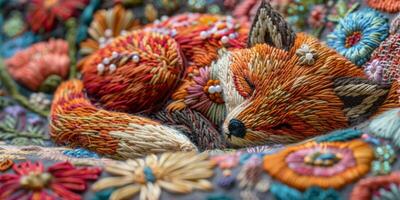 AI generated Intricate Embroidered Fox Head Close-Up photo