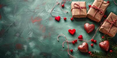 AI generated Presents Wrapped in Brown Paper With Red Hearts and Twine photo