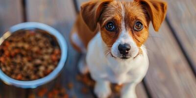 ai generado marrón y blanco perro en pie siguiente a comida cuenco foto