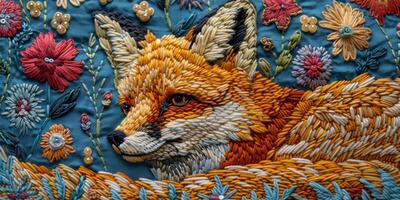 AI generated Intricate Embroidered Fox Head Close-Up photo