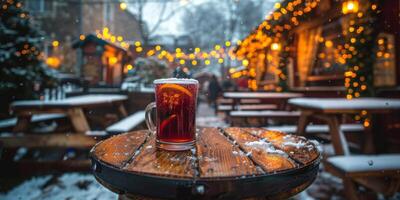 AI generated Glass of Beer on Wooden Table photo