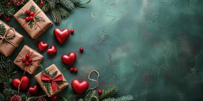 AI generated Presents Wrapped in Brown Paper With Red Hearts and Twine photo