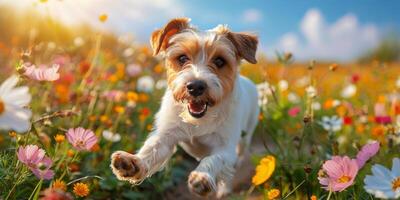 ai generado pequeño blanco y marrón perro corriendo en campo de flores foto