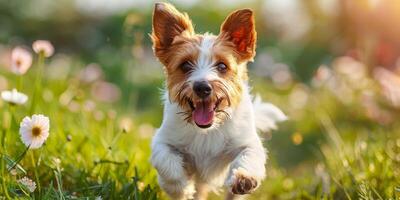 ai generado pequeño perro corriendo en campo de flores foto