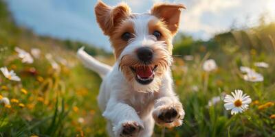 AI generated Small White and Brown Dog Running in Field of Flowers photo