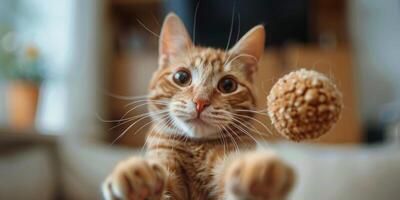 ai generado gato jugando con hilo pelota foto