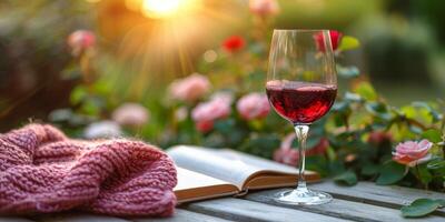 AI generated Wine Glass and Book on Table photo