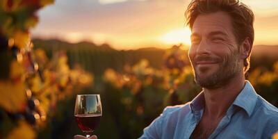 AI generated Man Holding Glass of Wine in Vineyard photo
