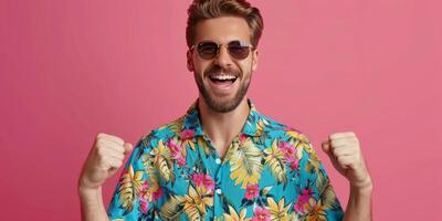 ai generado hombre en hawaiano camisa y Gafas de sol foto