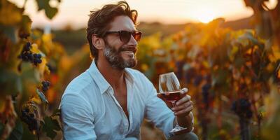 AI generated Man Holding Glass of Wine in Vineyard photo