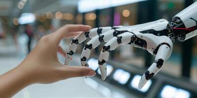 AI generated Hand Holding Robotic Arm by Monitor photo