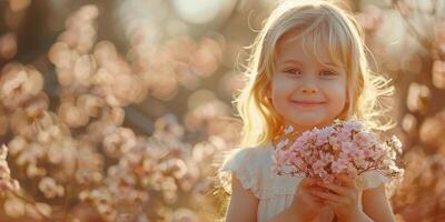 ai generado pequeño niña participación ramo de flores de flores foto