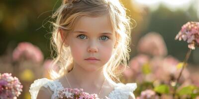 ai generado pequeño niña en pie en campo de flores foto