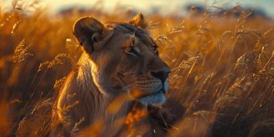 AI generated Lion Walking Through Tall Grass photo