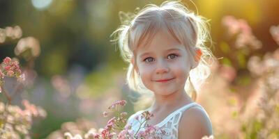 ai generado pequeño niña participación manojo de flores foto