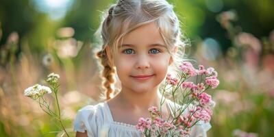 AI generated Little Girl Holding Bouquet of Flowers photo