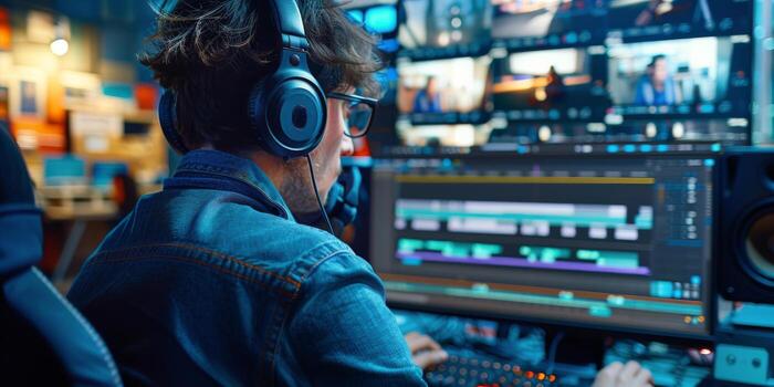 AI generated Man With Headphones at Computer photo