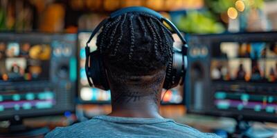 AI generated Man Listening to Headphones at Computer photo