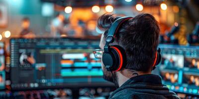 AI generated Man Listening to Headphones at Computer photo