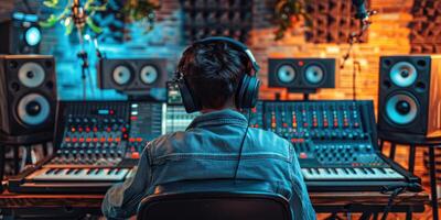AI generated Man in Headphones at Mixing Desk photo