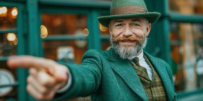 AI generated Man in Green Suit Pointing photo