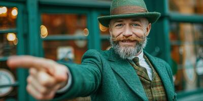 ai generado hombre en verde traje señalando foto