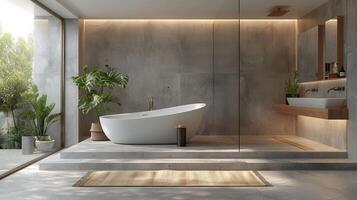 AI generated Modern Bathroom With Bathtub and Rug photo