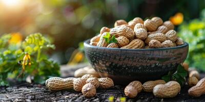 AI generated Bowl of Peanuts on Wooden Table photo