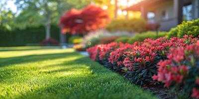 AI generated Row of Red and Green Flowers Outside House photo