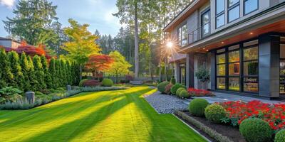 AI generated Row of Red and Green Flowers Outside House photo