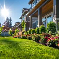 ai generado verde césped con flores y arbustos en frente de casa foto