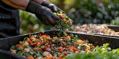 AI generated Person With Gloves Picking up Leaves From Bin photo