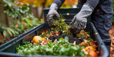 AI generated Person With Gloves Picking up Leaves From Bin photo