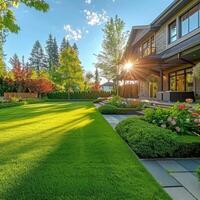 ai generado verde césped con flores y arbustos en frente de casa foto