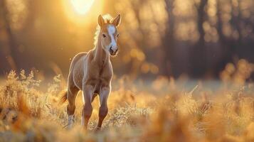 ai generado pequeño caballo caminando en campo de flores foto