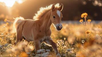 ai generado pequeño caballo caminando en campo de flores foto