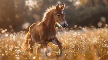 ai generado pequeño caballo caminando en campo de flores foto