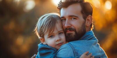 ai generado hombre participación pequeño chico en alto césped campo foto