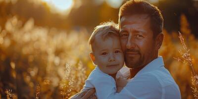 AI generated Man Holding Little Boy in Tall Grass Field photo