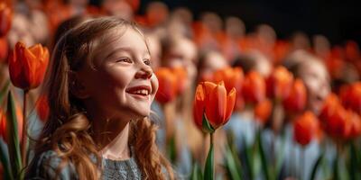 ai generado niña en naranja tulipán campo foto