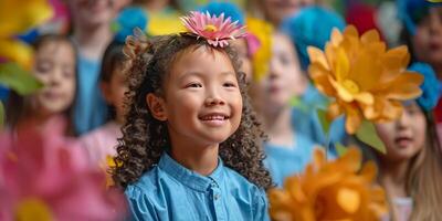 ai generado niña en naranja tulipán campo foto