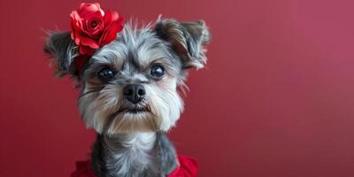 ai generado pequeño perro con flor en pelo foto