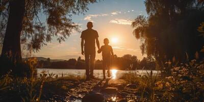 ai generado padre y hijo caminando mediante campo a puesta de sol foto