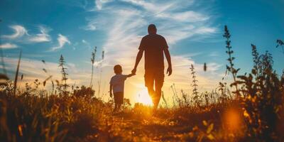 AI generated Father and Son Walking Through Field at Sunset photo