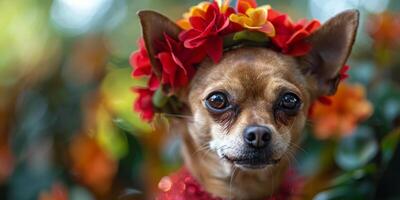 ai generado pequeño marrón perro vistiendo flor corona foto