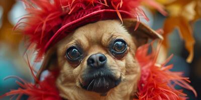 ai generado pequeño perro vistiendo rojo pluma sombrero foto