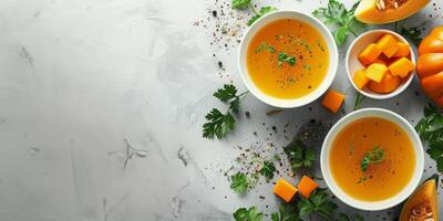 AI generated Cheese Soup With Cheese Cubes on Yellow Background photo