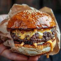 AI generated Classic Hamburger With Cheese, Lettuce, and Tomatoes photo