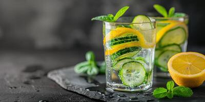 AI generated Glasses With Cucumber and Lemon Slices photo