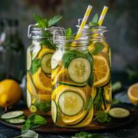 AI generated Three Mason Jars Filled With Cucumbers and Lemon Slices photo